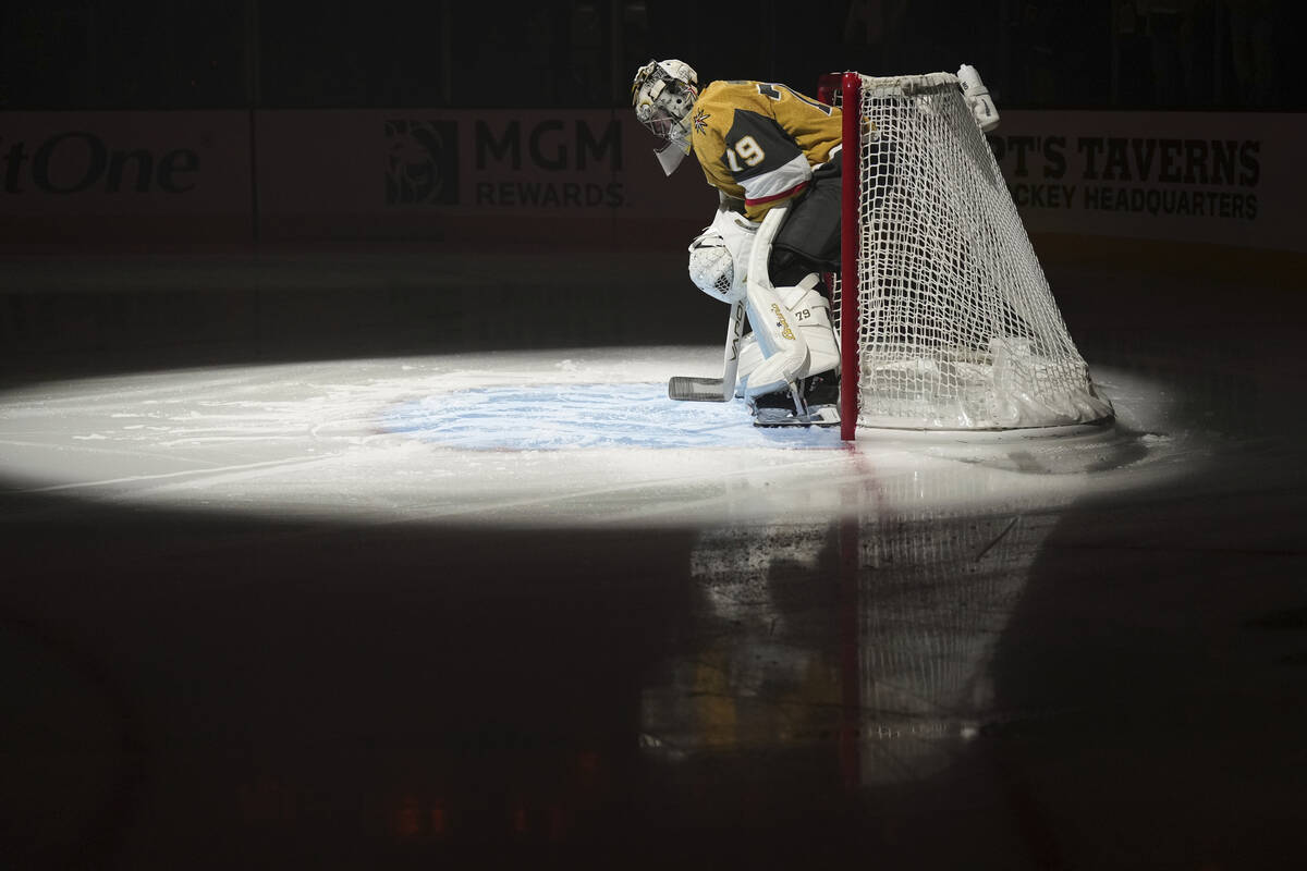 Vegas Golden Knights goaltender Carter Hart (79) waits in the net against the Colorado Avalanch ...