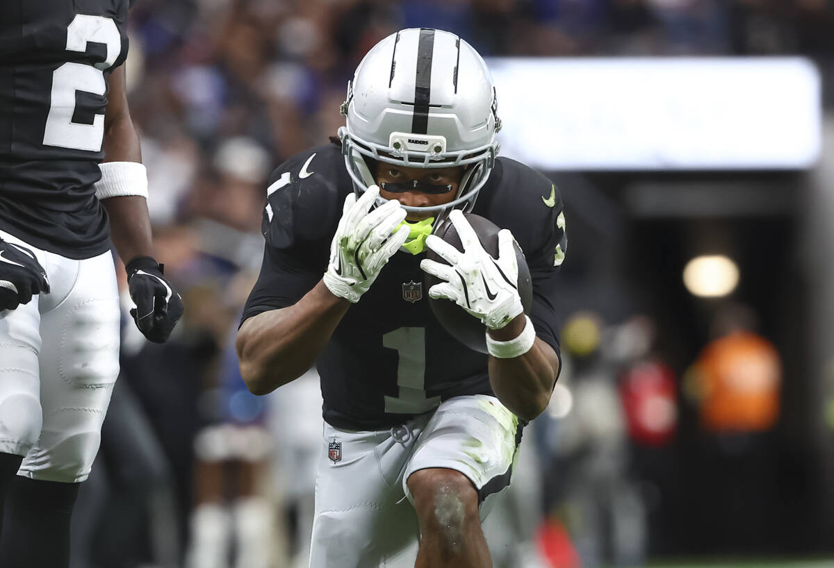 Raiders wide receiver Tre Tucker (1) reacts after a play during the first half of an NFL game a ...
