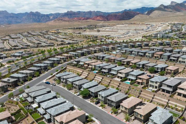 An aerial photo shows homes in Summerlin near Paseos Park on Wednesday, Aug 9, 2023. (Bizuayehu ...