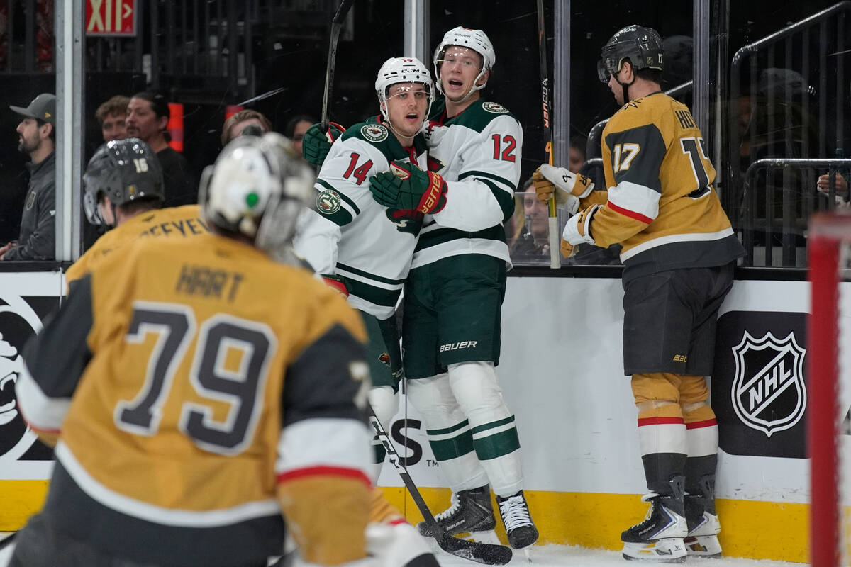 Minnesota Wild left wing Matt Boldy (12) celebrates after scoring against Vegas Golden Knights ...
