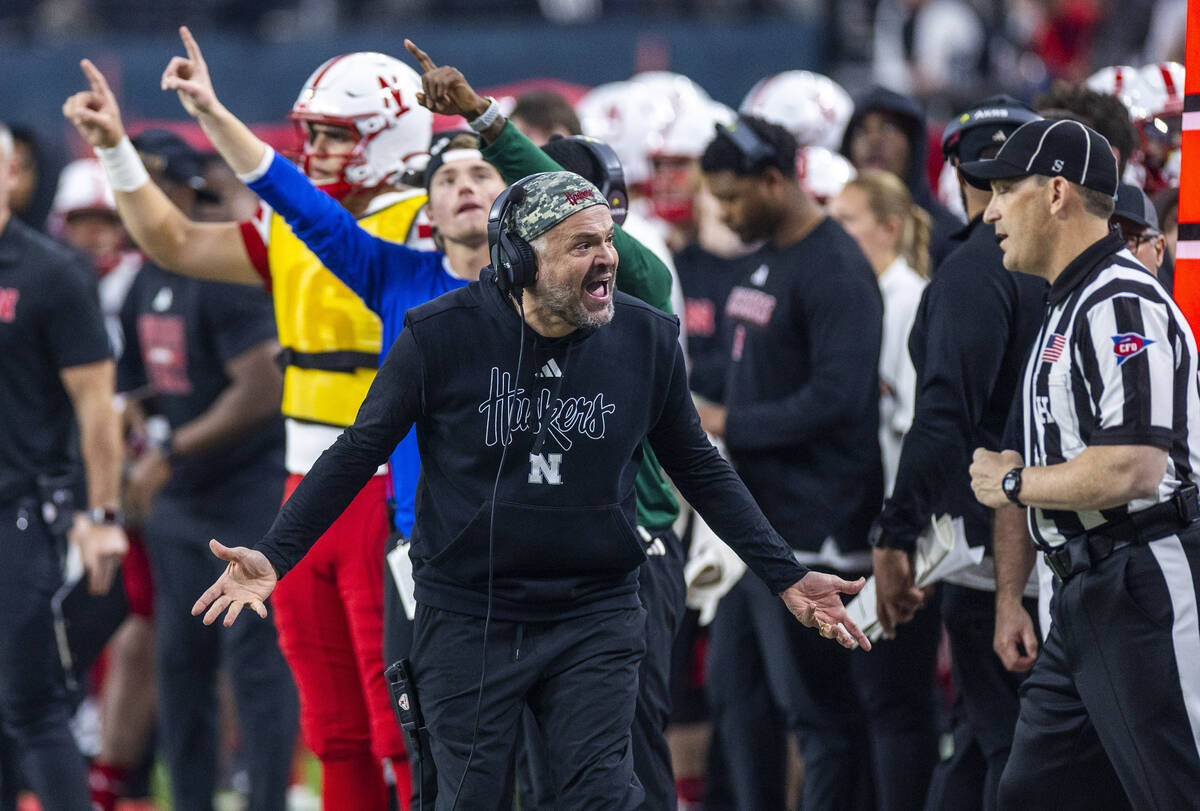 Nebraska Cornhuskers head coach Matt Rhule argues a lack of a penalty call against the Utah Ute ...