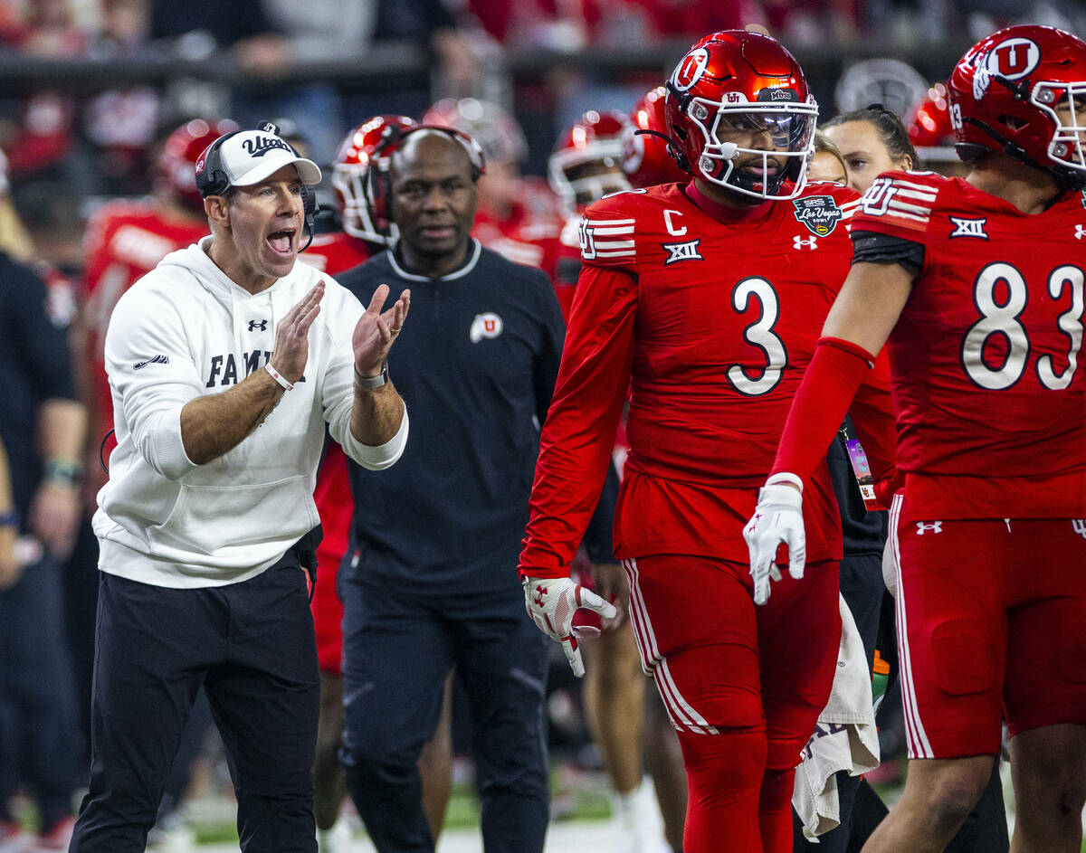 Utah Utes head coach Morgan Scalley encourages his players on a timeout against the Nebraska Co ...