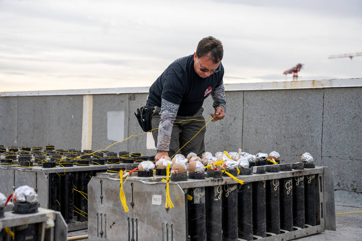 Fireworks are set up on the roof of Treasure Island Las Vegas ahead of New Year’s Eve De ...