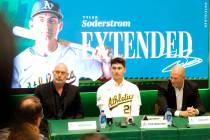 From left, Athletics manager Mark Kotsay, left fielder Tyler Soderstrom, and general manager Da ...