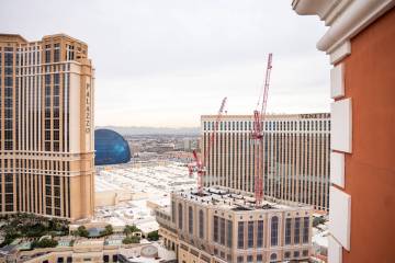 A view of The Palazzo at The Venetian Resort and Sphere Tuesday afternoon from the roof of Trea ...