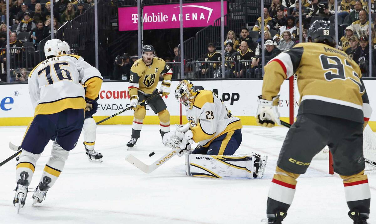 Nashville Predators goaltender Justus Annunen (29) makes a save against Golden Knights right wi ...
