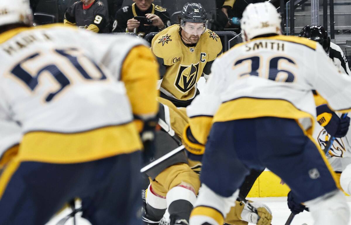 Golden Knights right wing Mark Stone (61) waits for the puck to drop in the third period of an ...