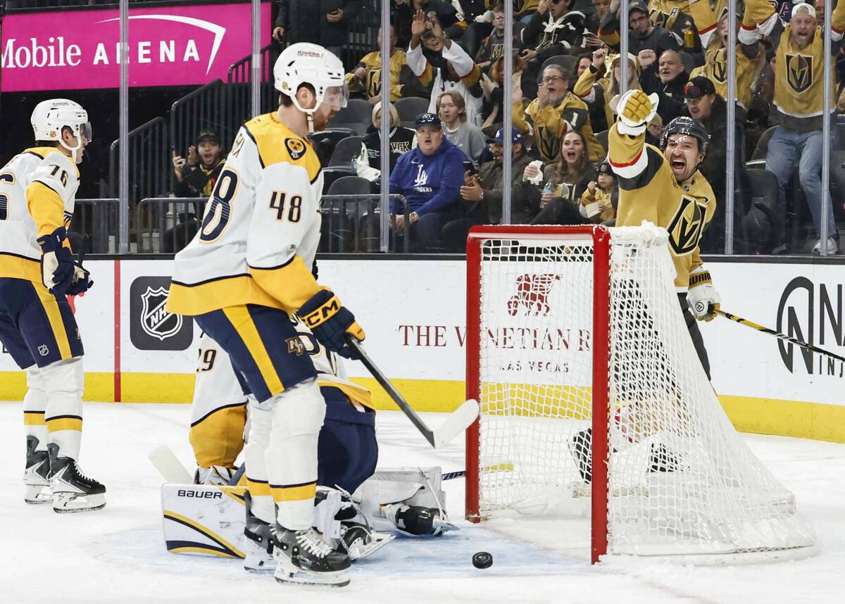 Golden Knights right wing Mark Stone (61) celebrates a goal in the first period of an NHL hocke ...