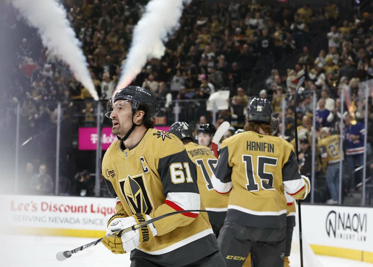 Golden Knights right wing Mark Stone (61) celebrates a goal in the first period of an NHL hocke ...