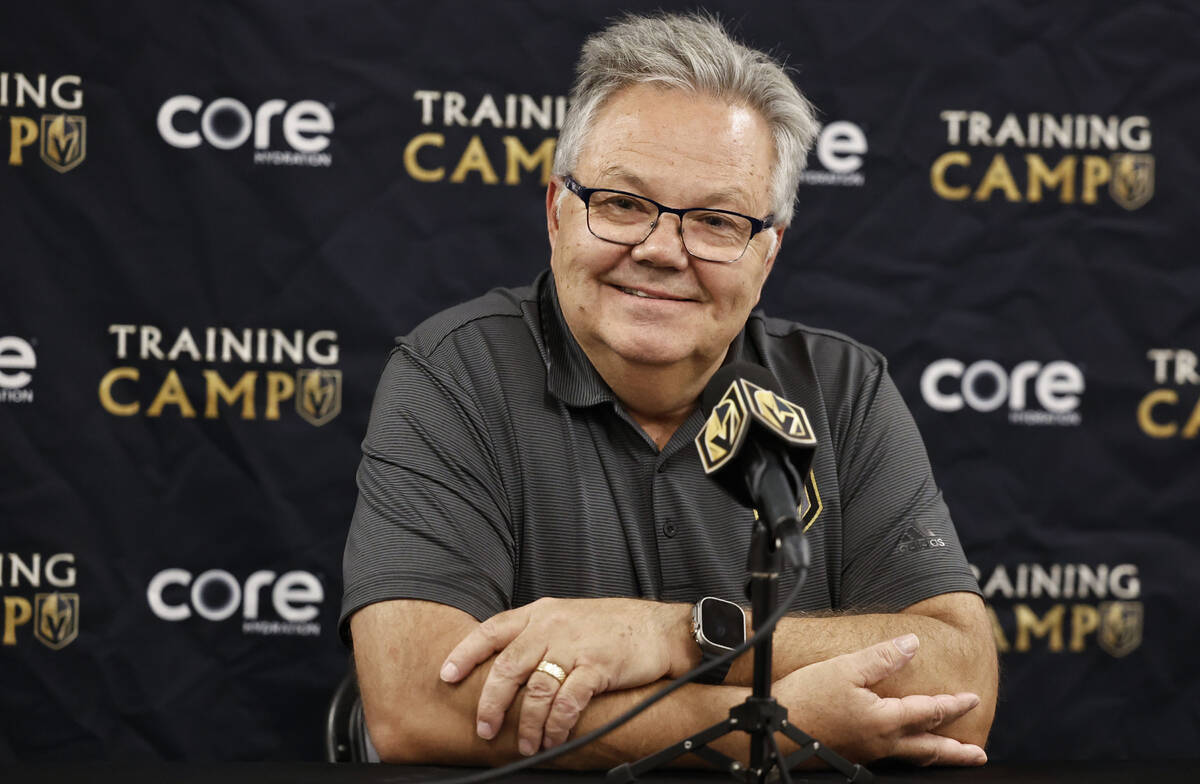 Golden Knights general manager Kelly McCrimmon addresses the media during the first day of trai ...