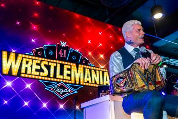 WWE champion Cody Rhodes answers some questions on the stage before fans during a WrestleMania ...