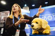 Marissa Steingold shows off a Tombot dog during CES Unveiled at Mandalay Bay Sunday, Jan. 4, 20 ...