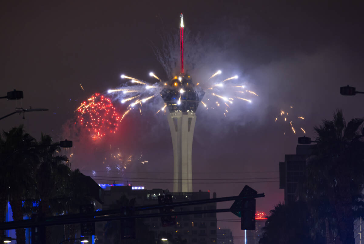 Fireworks go off from The Strat on Thursday, Jan. 1, 2026, in Las Vegas. (Chase Stevens/Las Veg ...