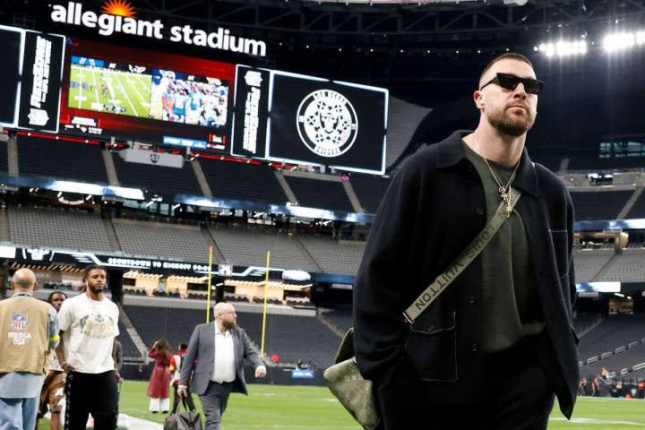 Kansas City Chiefs tight end Travis Kelce (87) arrives at Allegiant Stadium to face the Raiders ...