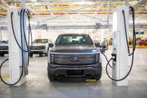 An assembled Ford F-150 Lightning is charged up at the Ford Rouge Electric Vehicle Center, in D ...