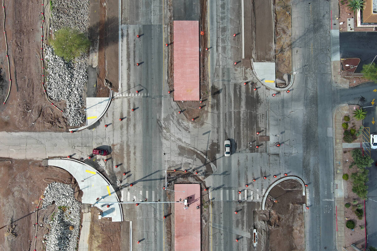 The center-running bus lane between north and southbound Boulder Highway is seen under construc ...
