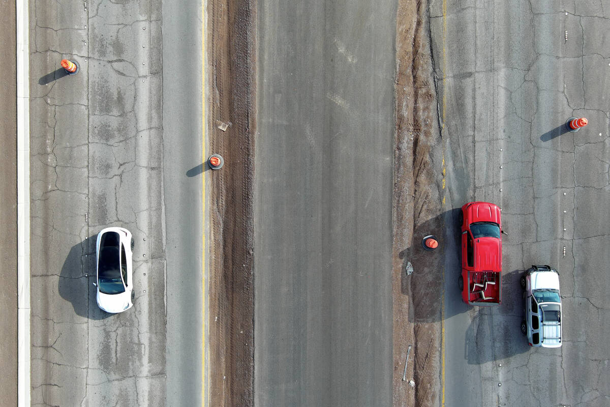 The center-running bus lane between north and southbound Boulder Highway is seen under construc ...