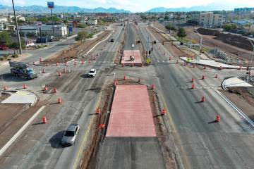 The center-running bus lane between north and southbound Boulder Highway is seen under construc ...