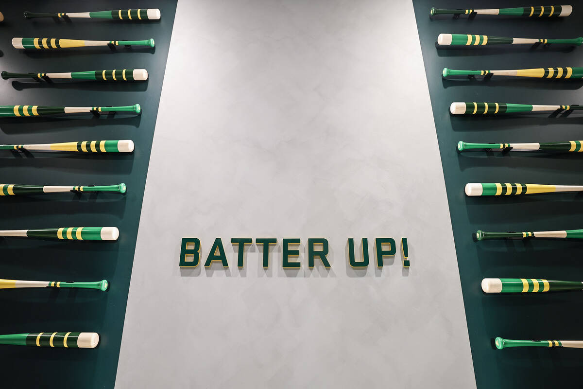 Colorful design elements are seen throughout the Athletics new ballpark Experience Center durin ...