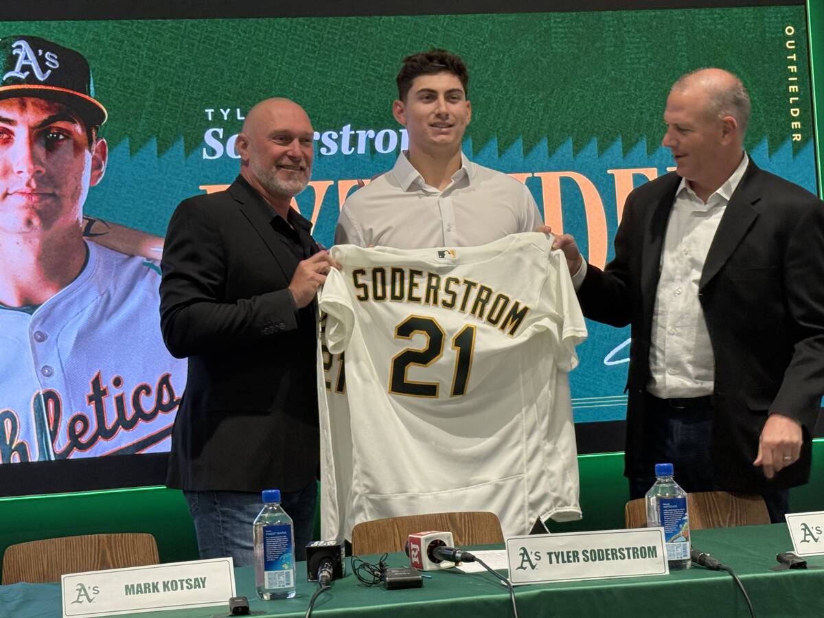Athletics' manage Mark Kotsay (left), outfielder Tyler Soderstrom and general manager David For ...