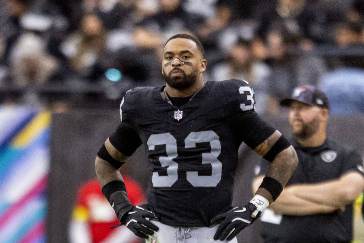 Raiders linebacker Jamal Adams (33) watches from the sideline during the second half of an NFL ...