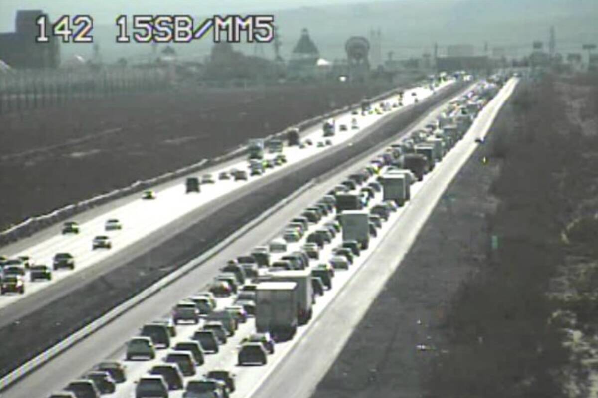 Traffic on Interstate 15 near the Nevada–California state line was slow Friday, Jan. 2, 2026, ...