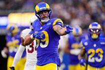 Los Angeles Rams tight end Tyler Higbee (89) reacts after a catch during the second half of an ...