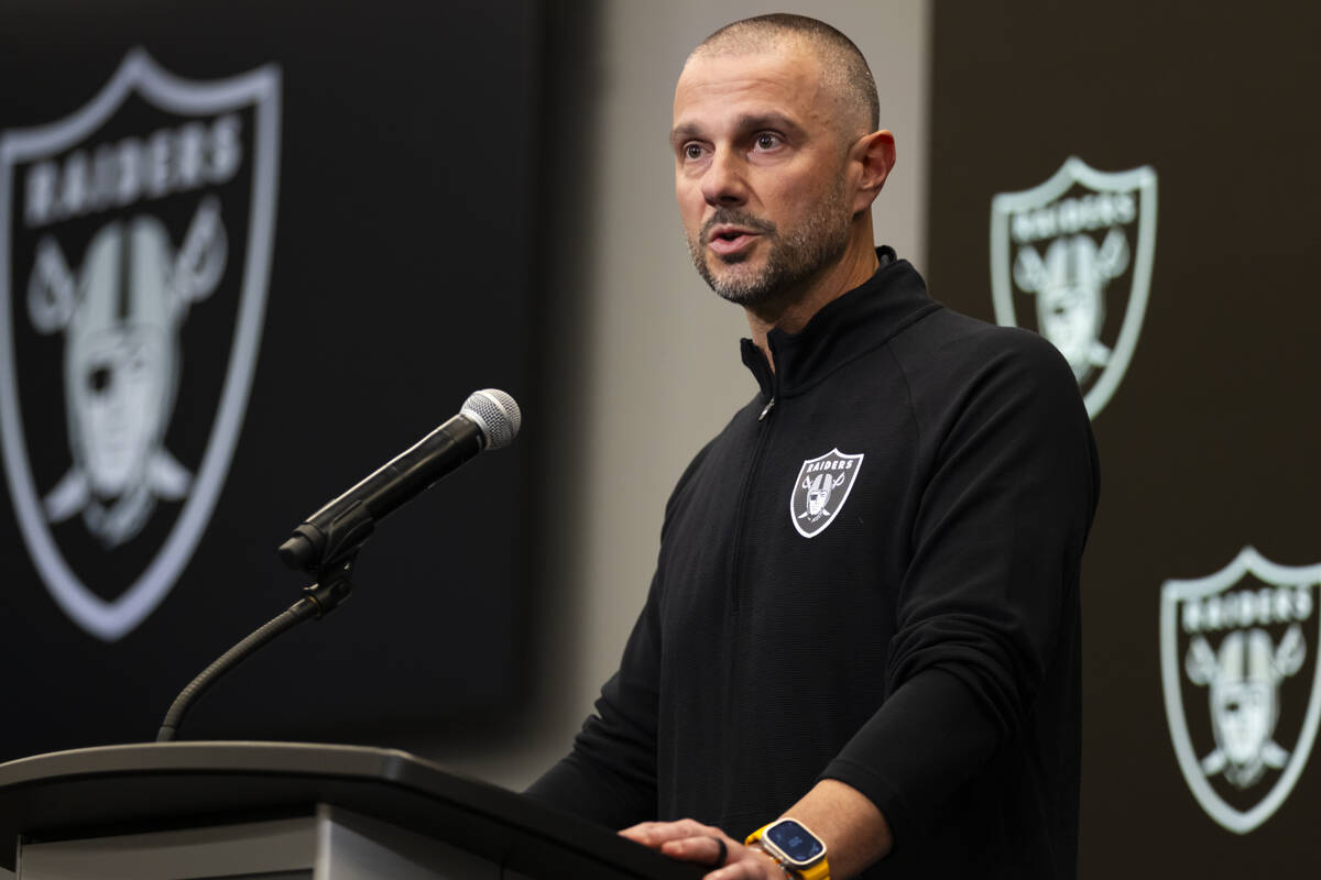 Raiders general manager John Spytek speaks during a press conference at Intermountain Health Pe ...