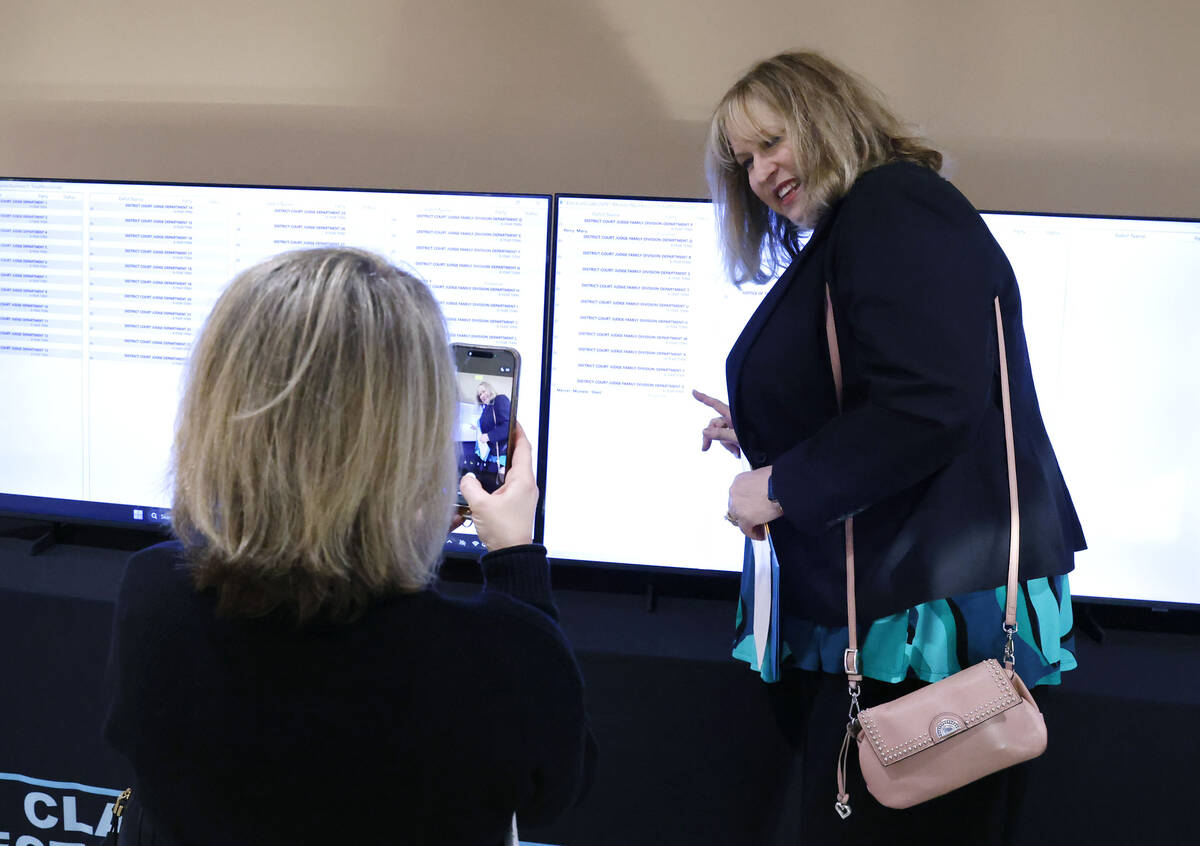 Family Court Judge Michele Mercer poses for a photo, pointing at her name, after declaring her ...