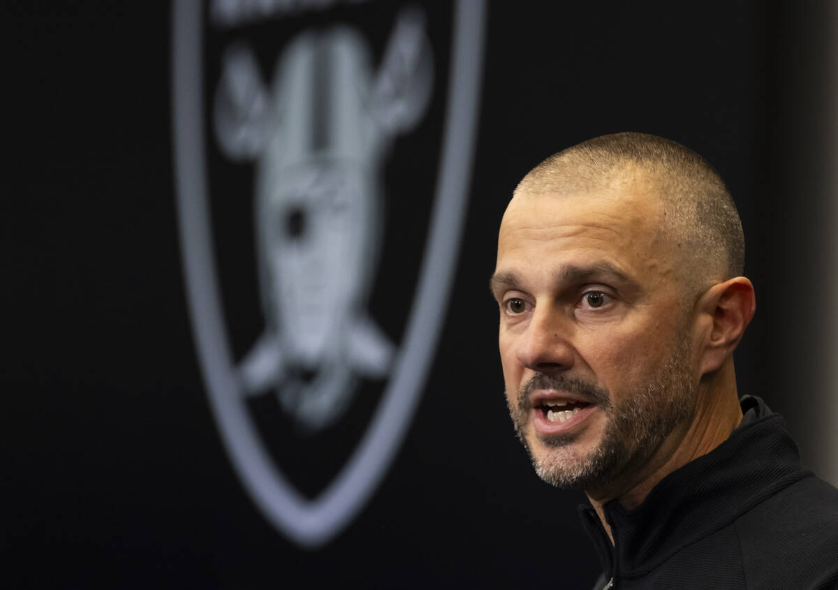 Raiders general manager John Spytek speaks during a press conference at Intermountain Health Pe ...