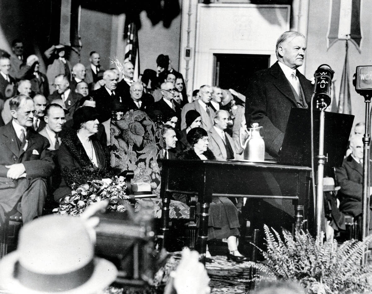 U.S. President Herbert Hoover addresses a crowd of 30,000 assembled at Rayburn Plaza near the R ...
