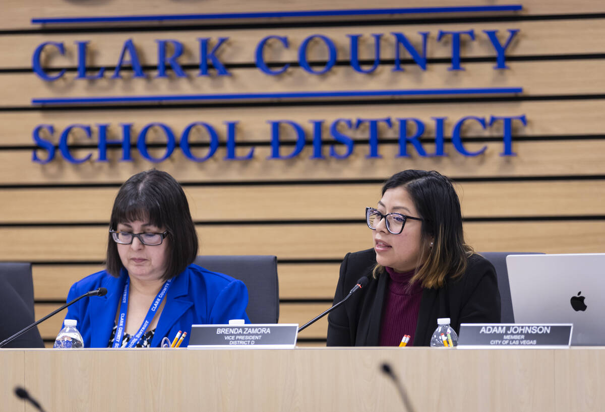 Clark County School Board Vice President Brenda Zamora speaks alongside current board President ...