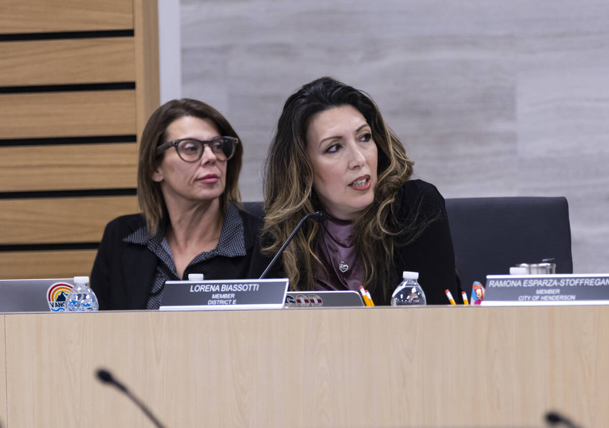 Clark County School Board Trustee Lorena Biassotti nominates Trustee Emily Stevens, not picture ...