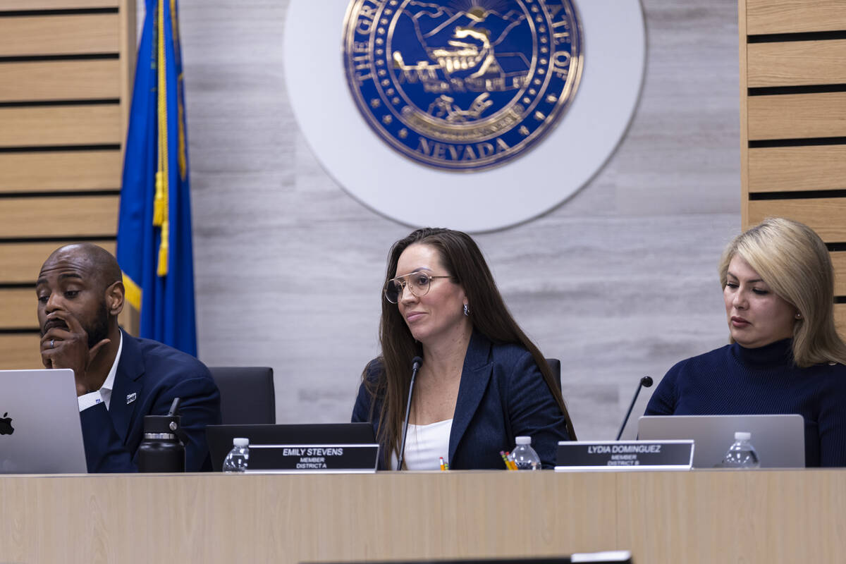 Clark County School Board Trustee Emily Stevens looks on after being nominated for president of ...