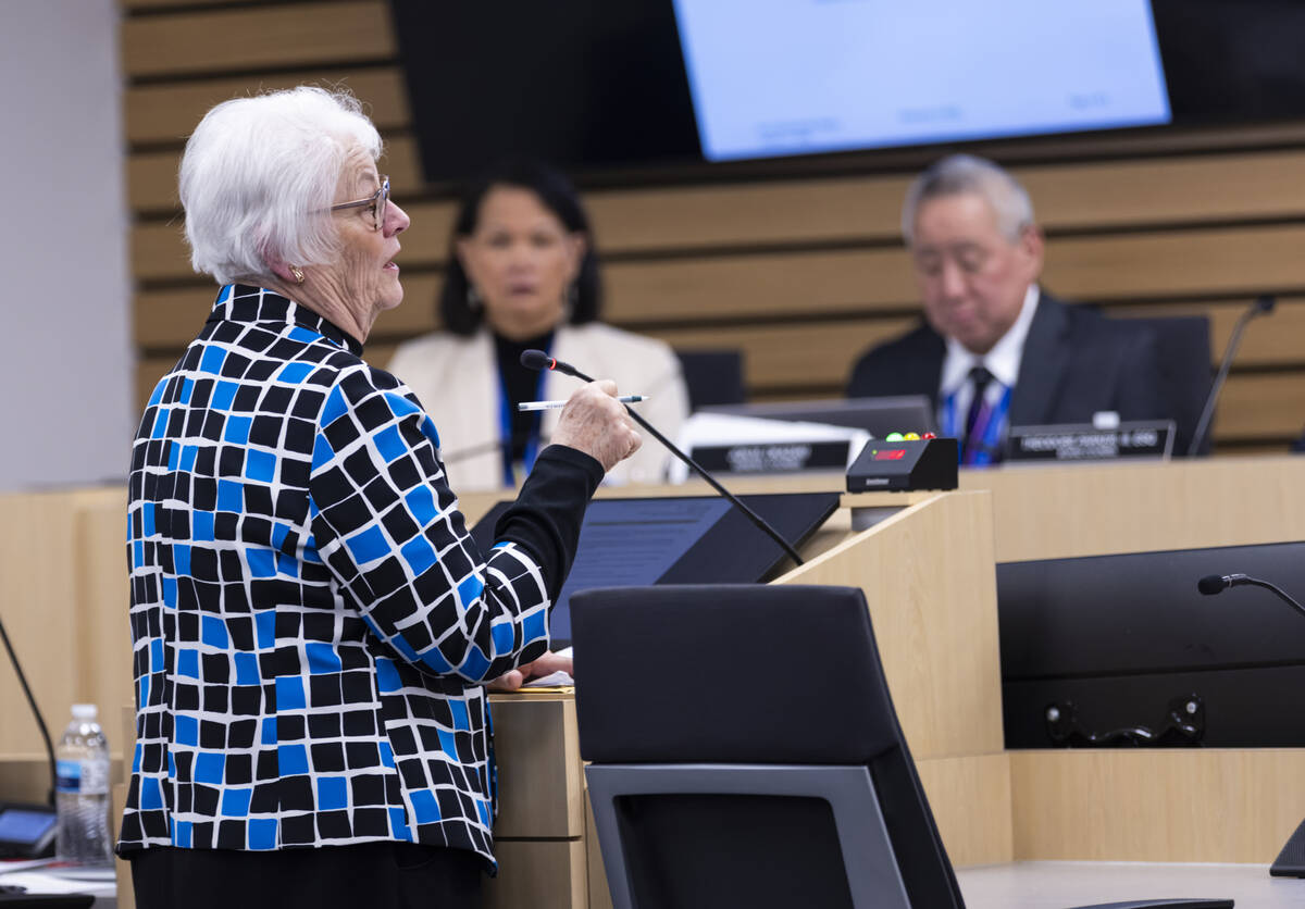 Former Clark County School Board Trustee Sheila Moulton speaks during a discussion for the new ...