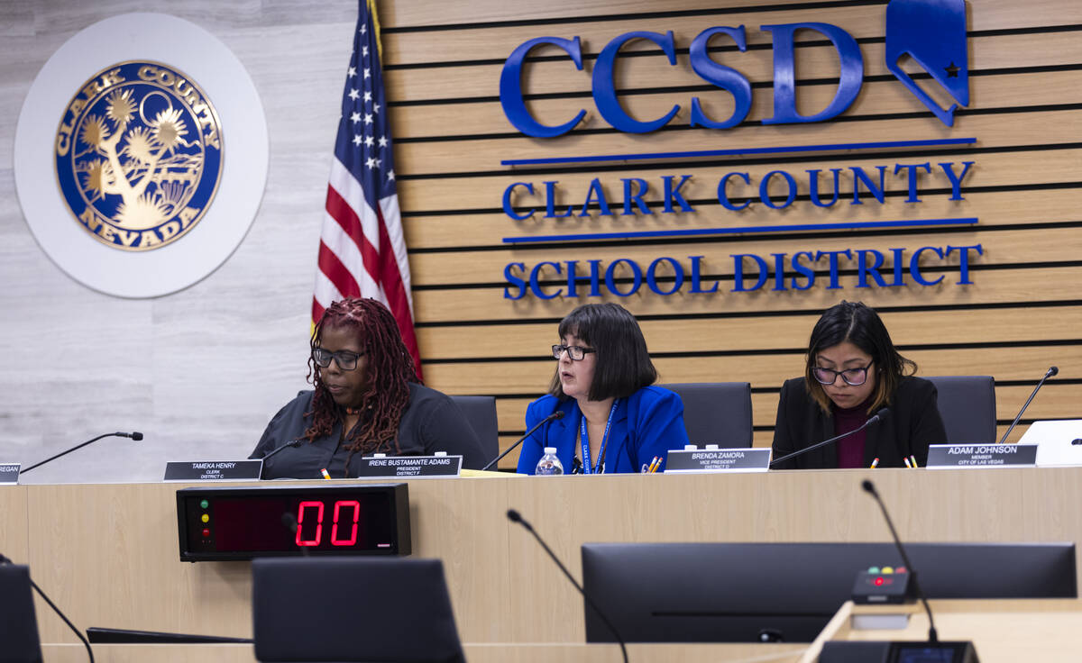 Clark County School Board Vice President Irene Bustamante Adams, center, speaks after being ele ...