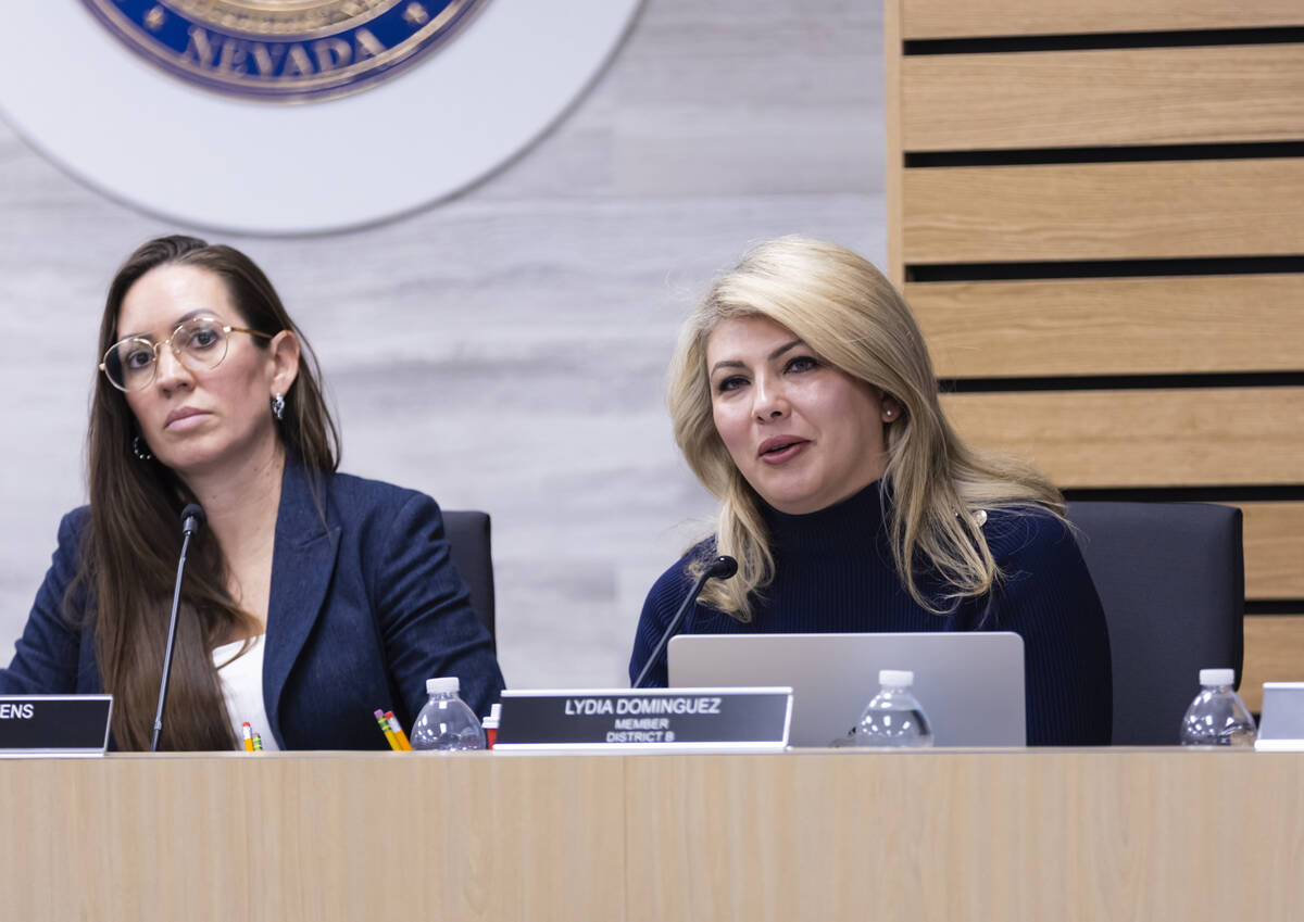 Clark County School Board Trustee Lydia Dominguez speaks after being nominated for clerk of the ...