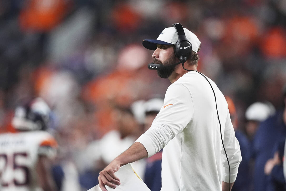 Denver Broncos quarterbacks coach Davis Webb in the second half of an NFL preseason football ga ...