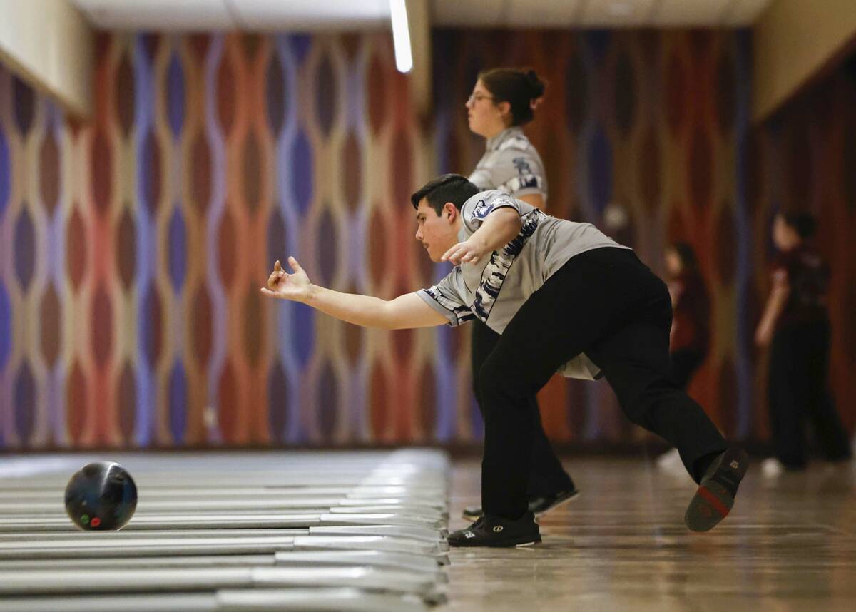 Shadow Ridge’s Pablo Ypina competes in a Class 5A bowling match Friday, Jan. 9, 2026 at ...