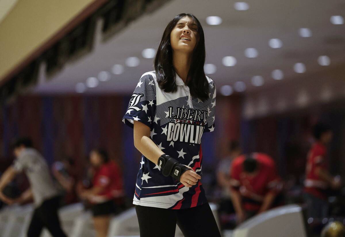 Liberty’s Meleah Carrillo competes in a Class 5A bowling match Friday, Jan. 9, 2026 at the Or ...