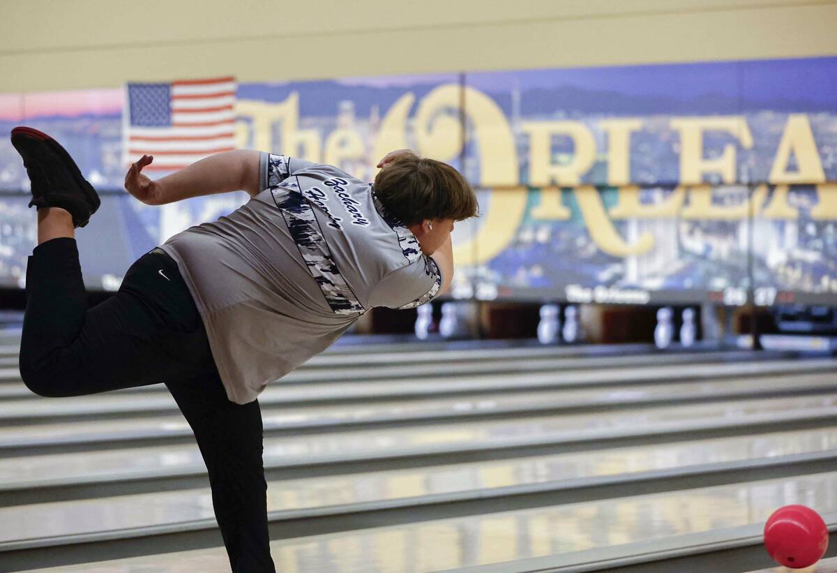 Shadow Ridge’s Zachary Hardy competes in a Class 5A bowling match Friday, Jan. 9, 2026 a ...