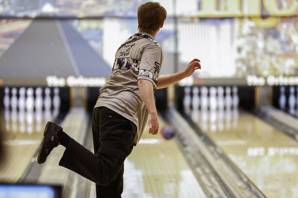 Shadow Ridge’s Trevyn Weber competes in a Class 5A bowling match Friday, Jan. 9, 2026 at ...