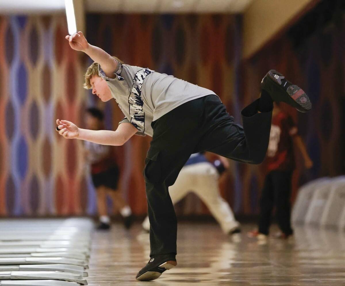 Shadow Ridge’s Trevyn Weber competes in a Class 5A bowling match Friday, Jan. 9, 2026 at ...
