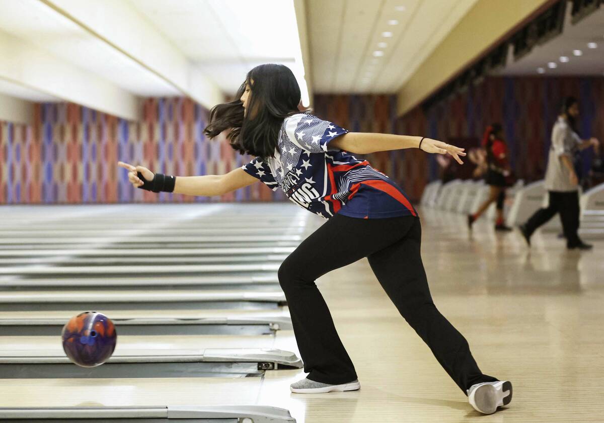 Liberty’s Meleah Carrillo competes in a Class 5A bowling match Friday, Jan. 9, 2026 at t ...