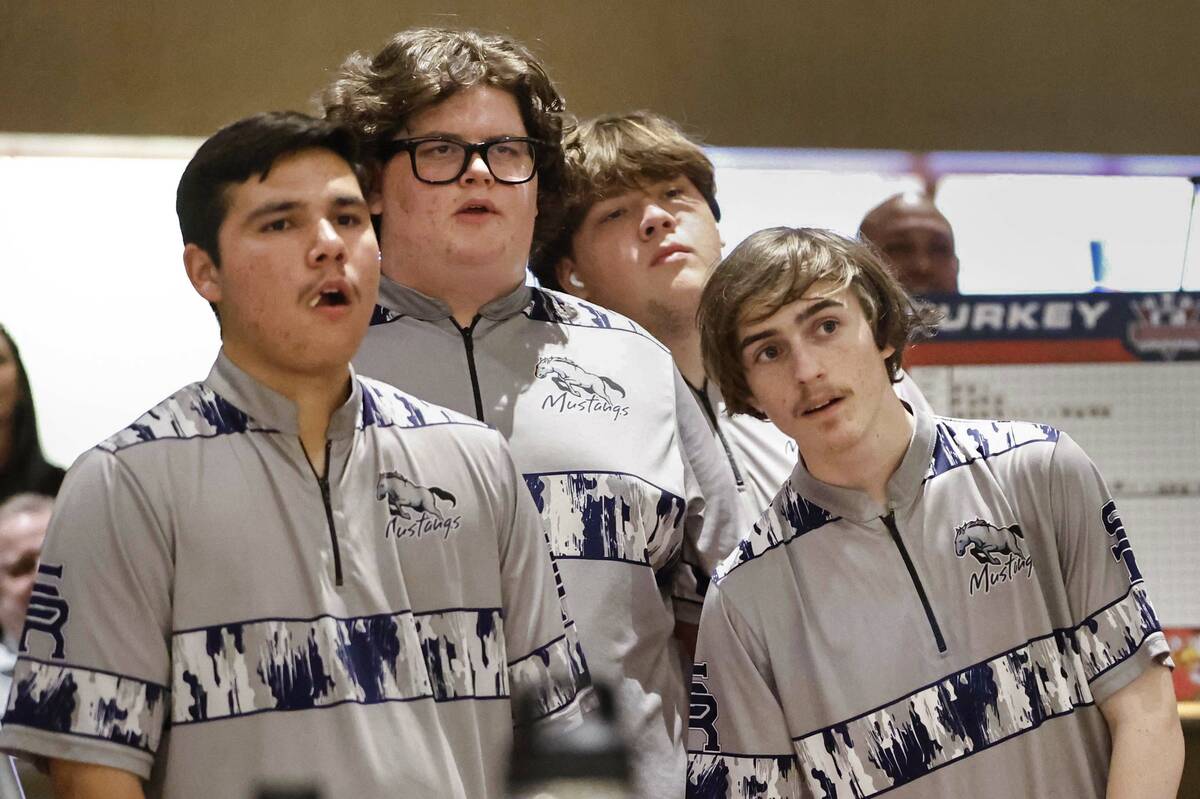 Shadow Ridge’s Pablo Ypina, left, Briggs Robison, Zachary Hardy and John Pitts compete i ...