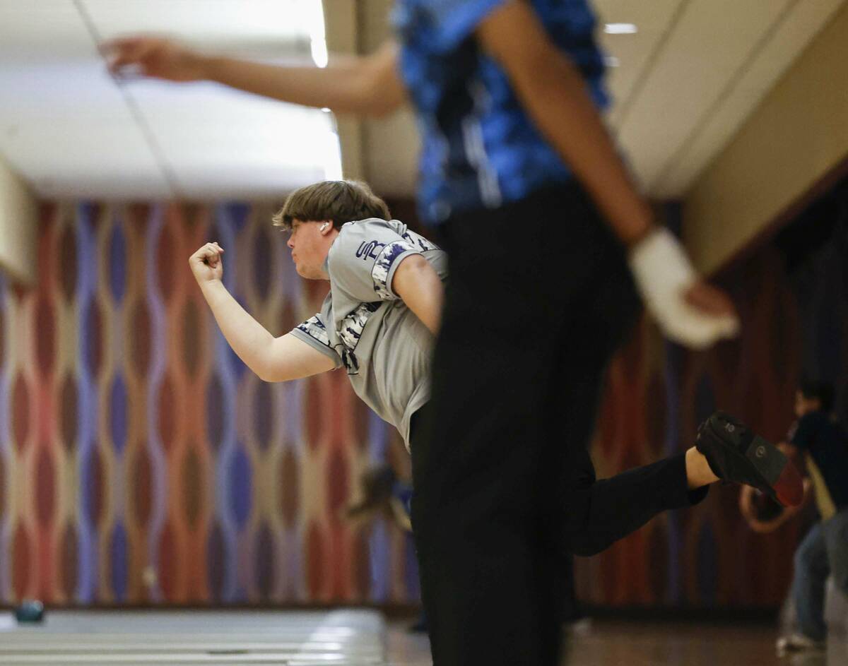 Shadow Ridge’s Zachary Hardy competes in a Class 5A bowling match Friday, Jan. 9, 2026 a ...