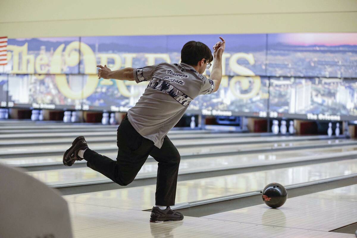 Shadow Ridge’s Vincenzo Cruzate competes in a Class 5A bowling match Friday, Jan. 9, 202 ...