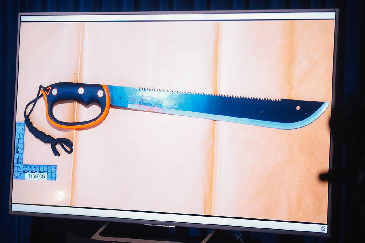 A machete used as a weapon is shown during a briefing on a police shooting at Metropolitan Poli ...