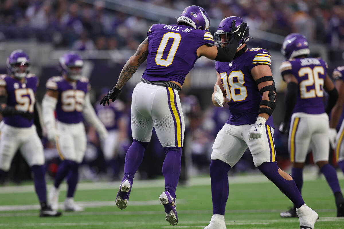 Minnesota Vikings linebacker Ivan Pace Jr. (0) celebrates after a play against the Green Bay Pa ...