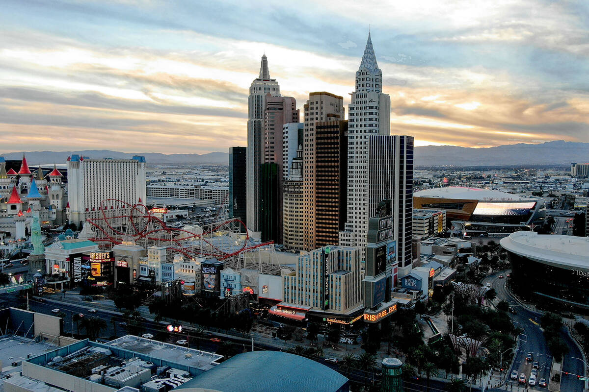Aerial view of the New York New York hotel casino on the south Las Vegas Strip at sunset on Wed ...